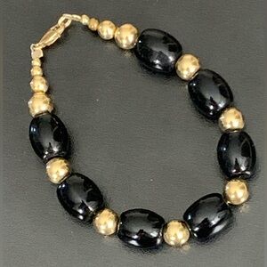 Vintage 14K GF Gold filled Black Onyx Beaded Bracelet   sz 7.3/4”
